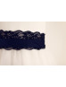 A-line Ivory Satin Tulle Knee Length Flower Girl Dress With A Navy Blue Sash